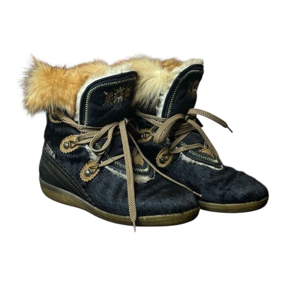 Vintage Tecnica Goat Fur Embroidered Floral Boots Black /  Brown Women's Size 38 - Picture 2 of 9